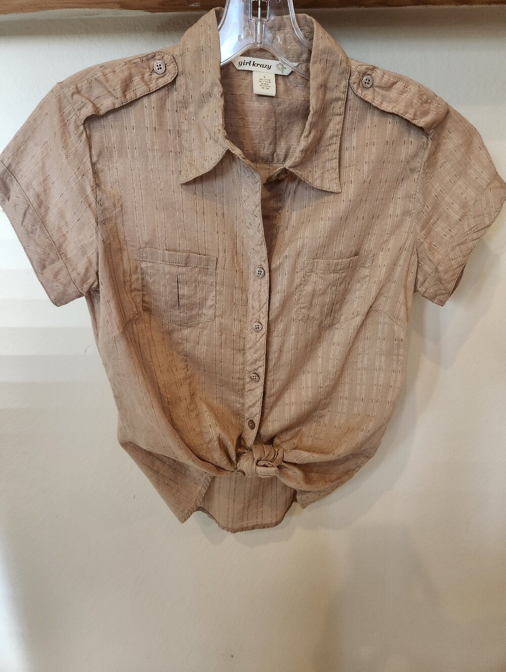 girl krazy Thin Cotton Button Front Short Sleeve Shirt in Light Tan